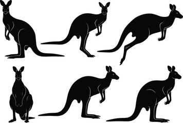 Kangaroo silhouette vector illustration set, wild animal jumping and standing poses, Australian wildlife design, nature symbol, safari and zoo graphic art collection