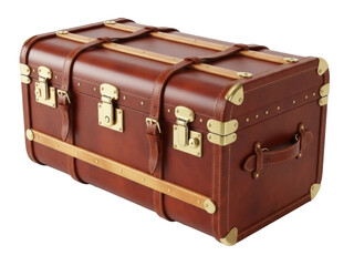 Isolated leather trunk for travel, an antique suitcase with straps and brass fixtures