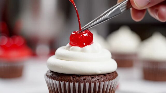 Rich Chocolate Cupcake with Swirled White Frosting Topped with a Glazed Maraschino Cherry and Syrup Drizzle Macro Shot with Soft Bokeh Background of Red and White Frosting Cupcakes