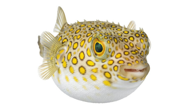 Isolated boxfish on seamless surface, pufferfish with yellow circles, cute sea creature