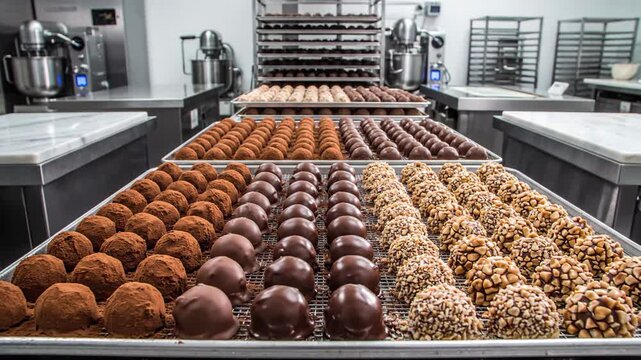 Rows of Assorted Chocolate Truffles Arranged on Trays in a Commercial Kitchen Setting Illuminated by Bright Overhead Lights Ready for Display or Sale