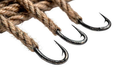 Black metal fishing hook tied to a white rope cord with a secure knot and loop isolated on a white background as professional equipment
