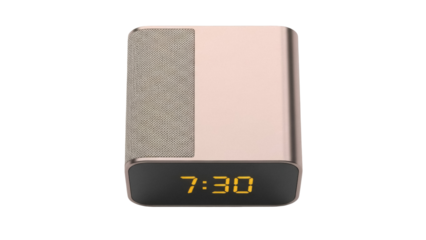 Isolated digital alarm clock displaying the time 730 in yellow, modern design on neutral base
