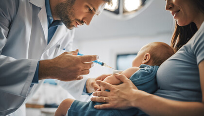 A doctor administering a vaccine or medicine by injection to an infant held by its mother