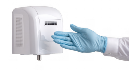 Doctor wearing blue nitrile gloves drying hands with a modern electric hand dryer, which emits a calming blue light, set against a transparent background for a clean, professional look
