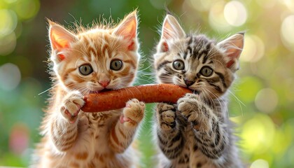 Two kittens hold a sausage in their mouths, staring directly at the camera, set against a blurred leafy backdrop
