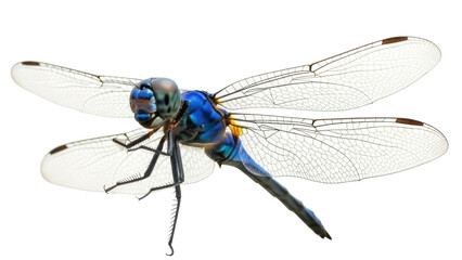 Isolated Dragonfly with Blue Body and Transparent Wings close up, detail of an insect