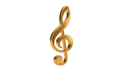 Isolated golden treble clef stands alone, symbol of musical notation and orchestral instruments