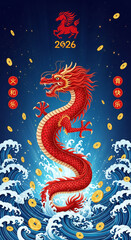 Fototapeta premium Image of a red dragon amidst waves, beneath a horse symbol and 