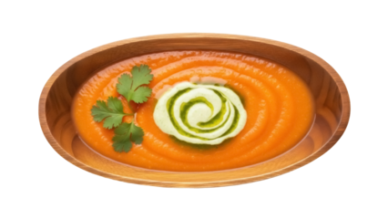 Isolated butternut squash soup in wooden bowl, creamy swirl, cilantro garnish, side view