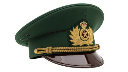 Isolated Green Military Cap with Insignia and Braided Cord in Studio Shot for Adobe Stock