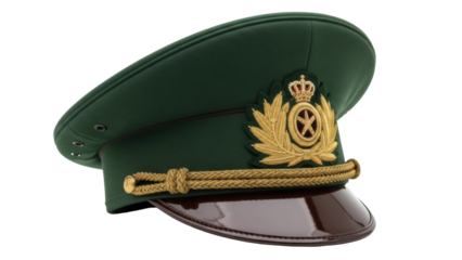 Isolated Green Military Cap with Insignia and Braided Cord in Studio Shot for Adobe Stock