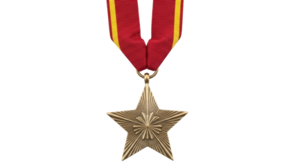 Isolated Bronze five-pointed star award with red and yellow ribbon honor medal, decoration