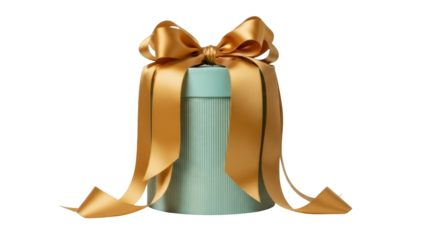Isolated turquoise gift box with gold ribbon tied in bow, wrapped present ready for giving