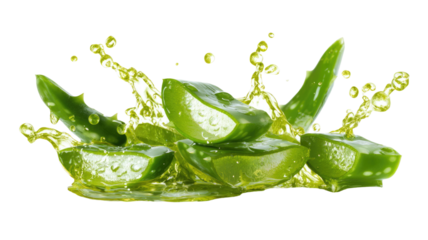 fresh aloe vera slices splashing juice vibrant green skincare ingredient macro liquid motion isolated on white background