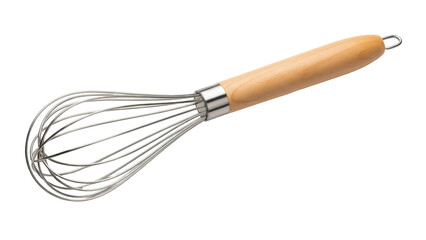 Isolated stainless steel whisk with a wooden handle for mixing and beating ingredients