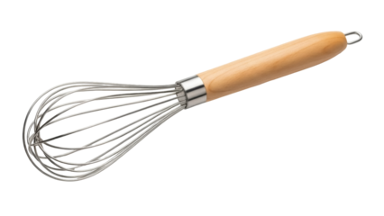 Isolated stainless steel whisk with a wooden handle for mixing and beating ingredients