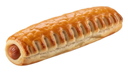 Isolated sausage roll on a plain backdrop, a flaky pastry snack filled with savory meat