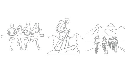 Outdoor adventure icons depicting running hiking and cycling activities