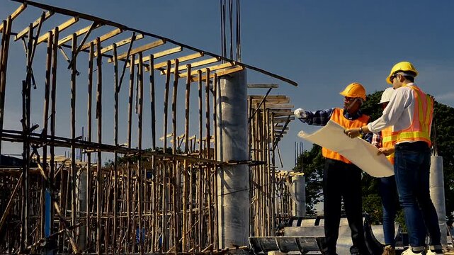 Structural engineer, architect and foreman worker with blueprints discuss, plan working for the outdoors building construction site. Construction collaboration concept. 4K
