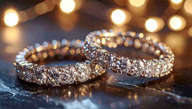 Two diamond eternity rings are set on a reflective dark surface against a bokeh background of warm, soft lights