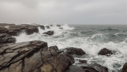 Fototapeta premium Stormy Ocean Waves Crashing on Rocky Shoreline Under Gray Sky.