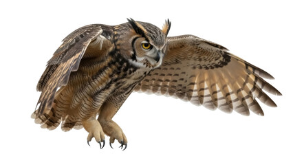 Isolated Great Horned Owl, Bubo virginianus, flying, bird of prey, animal portrait, raptor
