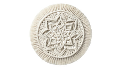Isolated Boho style woven cotton yarn coaster with fringed edges for drinkware protection