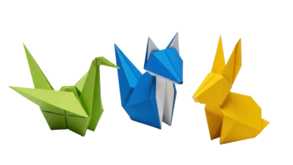 Isolated Three origami figures featuring a green bird, blue fox, and yellow rabbit