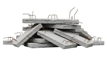 Stack of white marble or stone slabs with exposed rusty metal rebar isolated on a transparent background