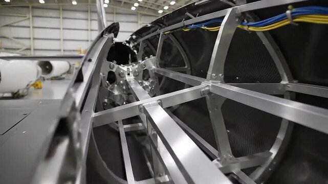 Close-up of aircraft wing structure in a hangar with exposed wiring