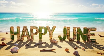 Happy june text on the beach with turquoise water in the background