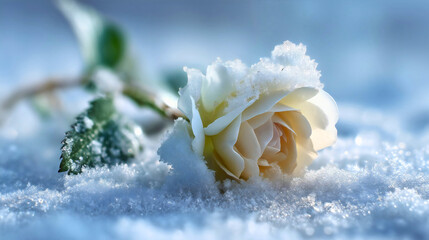 A delicate white rose lying in winter snow, a frozen flower with frost on petals, a romantic nature close-up, a cold weather concept with soft bokeh.
