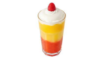 Isolated fruit dessert in a glass with layers of different colors and topped with whipped cream