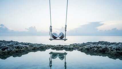 Romantic coconut swing on serene ocean beach at sunset