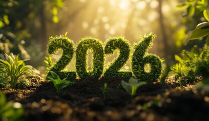 Green moss numbers 2026 growing from soil with sunlight new year