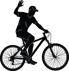 Naklejka premium Silhouette of cyclist riding bicycle with one hand raised, wearing cap, dynamic pose, outdoor activity, transportation, sports, motion concept