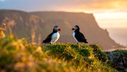 Two puffins standing on grassy cliffside, mountain and golden light background, creating a beautiful natural scene