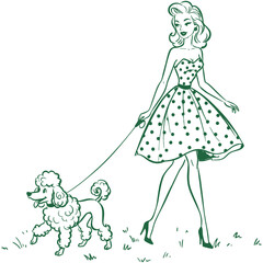 Retro lady walking poodle.Pinup girl with dog.Vintage fashion sketch.Polka dot dress woman.Elegant stroll vector