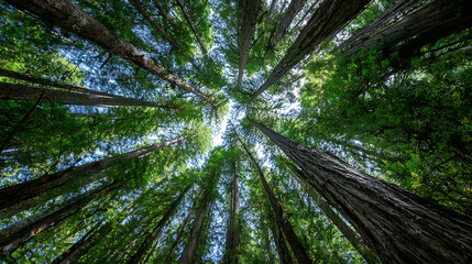 Obraz premium Looking Up Through Tall Redwood Trees to the Sky redwood forest