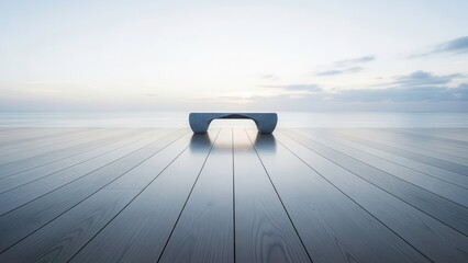 Modern minimalist stone bench on sleek wooden deck overlooking serene ocean at sunrise