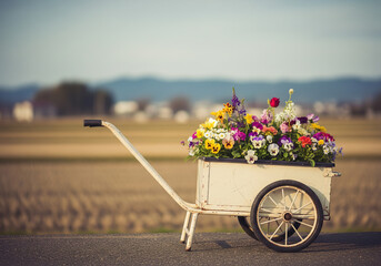 田園風景に映える色鮮やかな花々を載せた白いリヤカー
