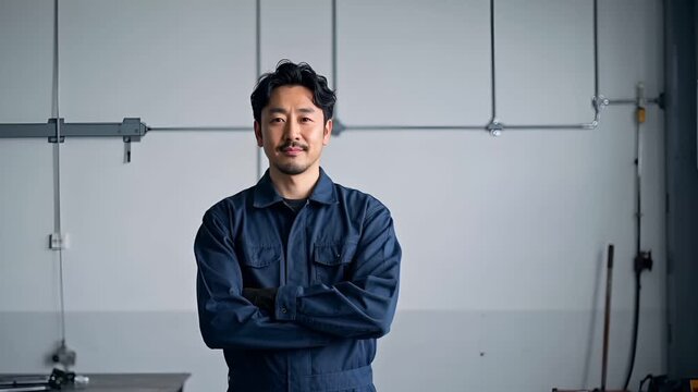 清潔で整理されたマットグレーの工業ワークショップに立つ日本人男性溶接工。
柔らかく均一な照明が作業服と肌の質感を自然に表現。