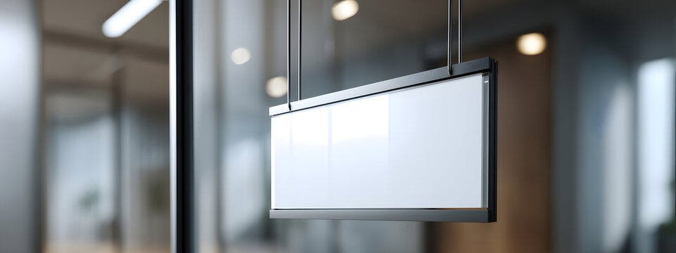 Blank white hanging sign mockup for office door or business nameplate display in a modern corporate interior