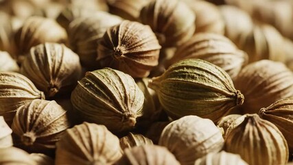 A captivating closeup shot of numerous dried black cardamom pods showcasing their intricate ribbed texture and earthy tones ready to be used as a fragrant spice in various culinary dishes and traditi.