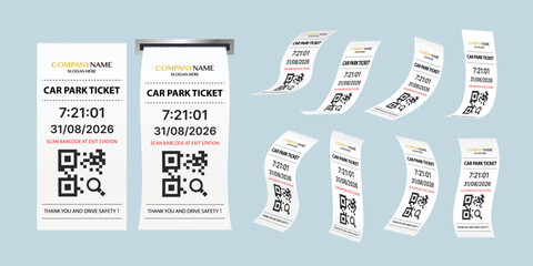 Car Park Ticket Mockup Set &ndash; Parking Receipt with QR Code, Time and Date, 3D Paper Ticket Templates in Front, Floating and Curved Views, Printable Vector Illustration