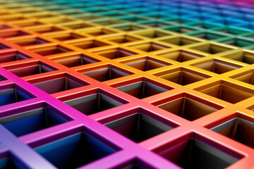 Vibrant rainbow colored grid pattern with square openings and gradient hues