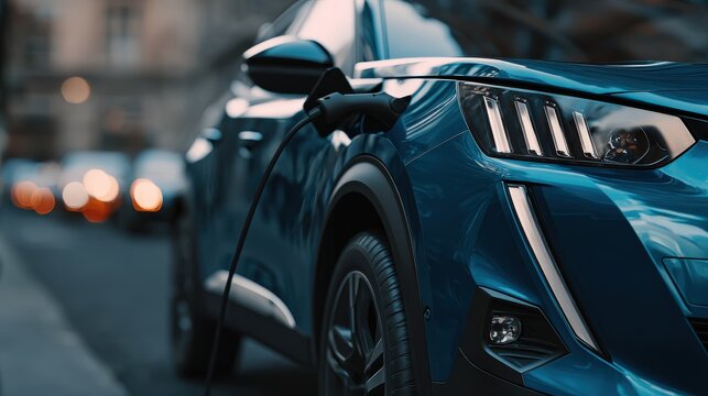 Contemporary automobile replenishes energy from a charging point situated on an urban thoroughfare.