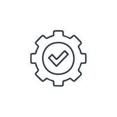 Obraz premium Gear Mechanism Confirmation Icon. Outline Check Mark Symbol Inside Cogwheel. Process Approved Linear Vector Design for Quality and Efficiency