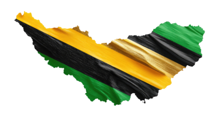 Jamaica map covered with national flag colors painted fabric texture detailed country outline isolated on white background
